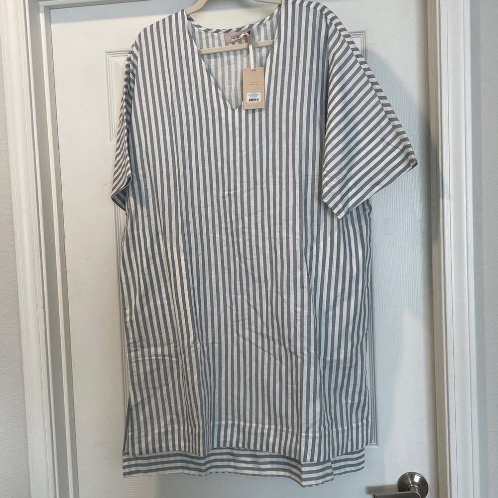NWT LATTELOVE Linen Cotton Oversized Blue White Striped Shift Dress L - Picture 2 of 9